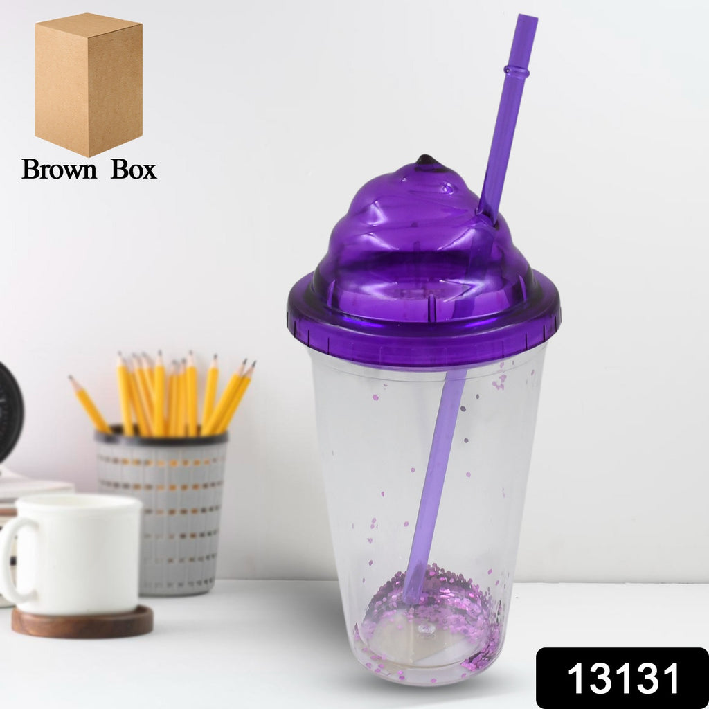 Mixed colorful reusable double-wall plastic tumblers with lids & straws for cold drinks, tea, & coffee.