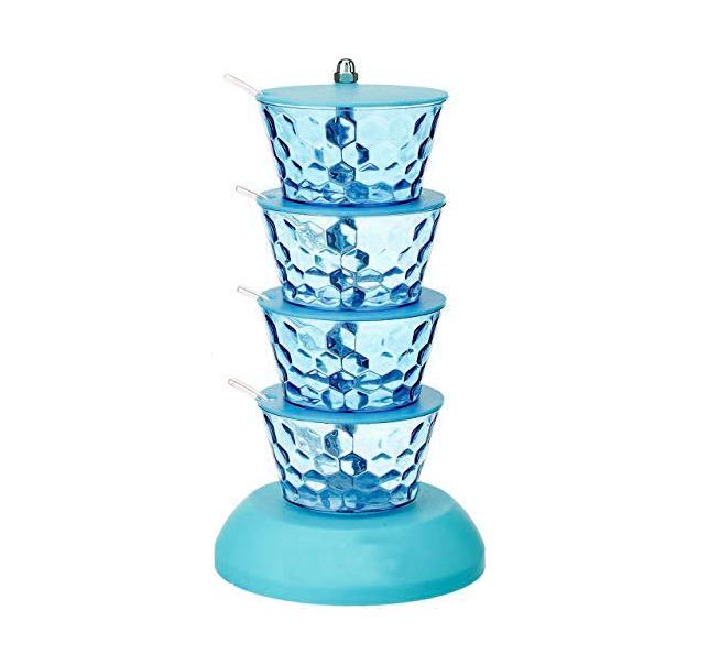 Clear 4-in-1 multipurpose 360-degree rotating pickle rack container for kitchen, showing internal compartments.