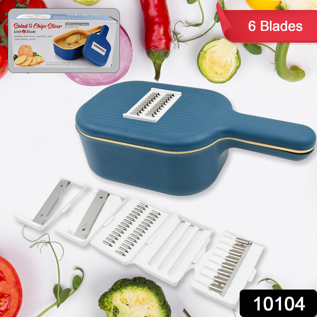 Multi-functional vegetable slicer cutter with container, handle, and interchangeable blades, surrounded by various sliced veggies.