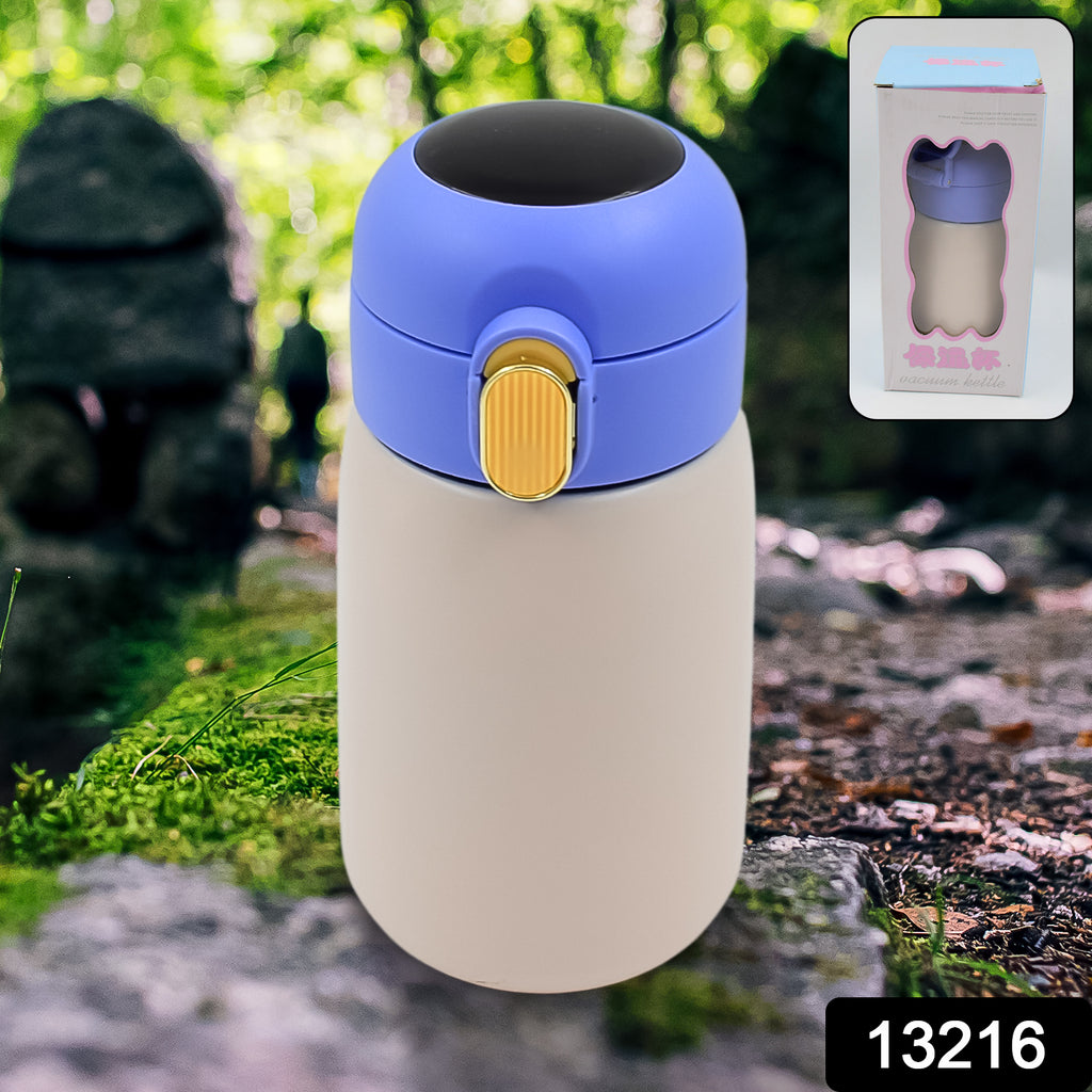 Black smart vacuum insulated water bottle with LED temperature display.
