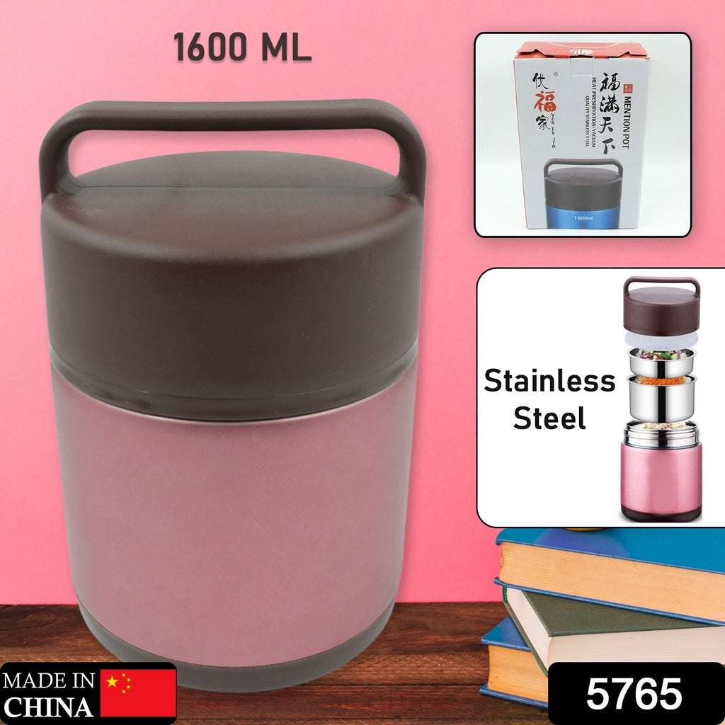 1600ml vacuum insulated stainless steel double-layer lunch box with folding spoon & handle for kids/adults.