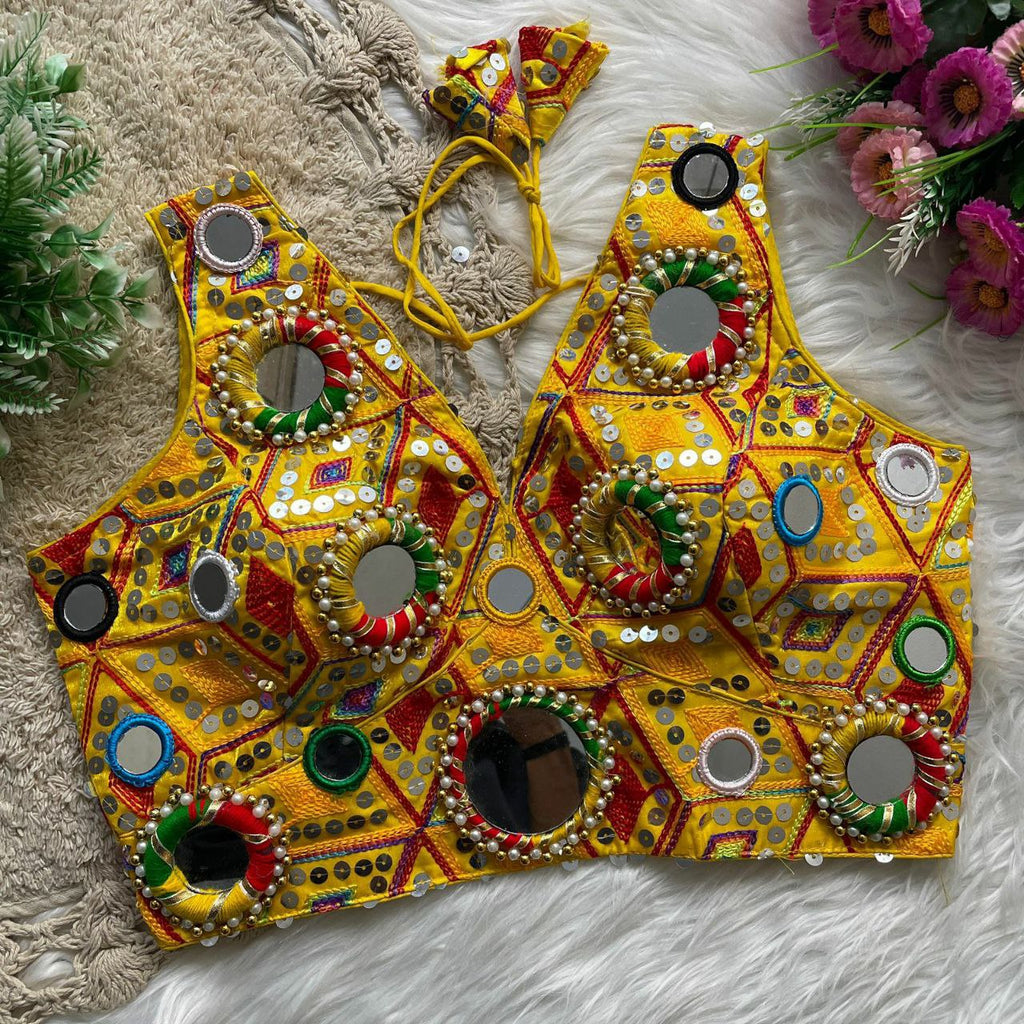 TRENDBUY Navratri Special Yellow Mirror Work Blouse for Women