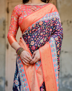 Navy Blue Peach Floral Digital Print Silk Saree for Women | Festive Wear