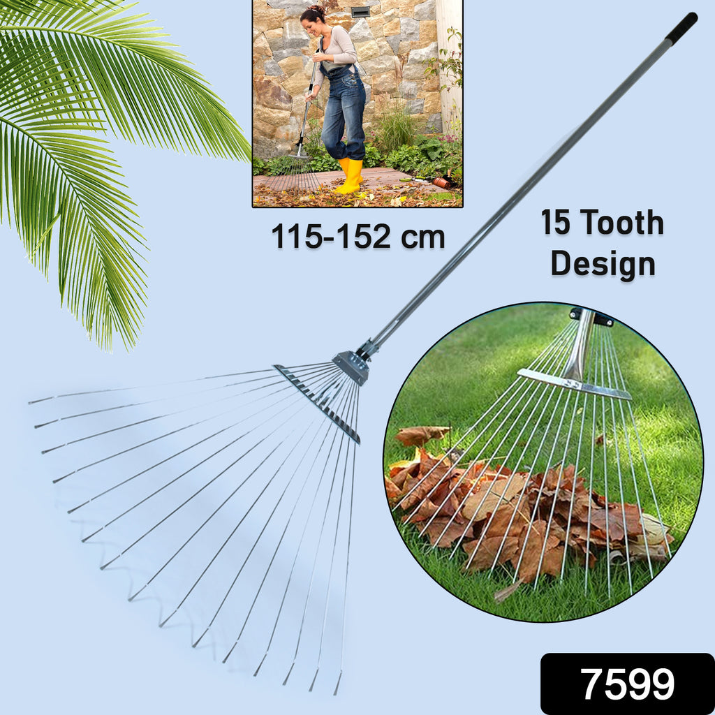 Stainless steel telescopic garden rake with adjustable claws cleans leaves from a lawn.