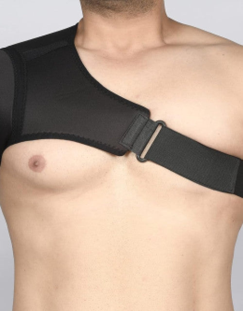 Black neoprene advanced shoulder stability brace, light & breathable, for right arm support.