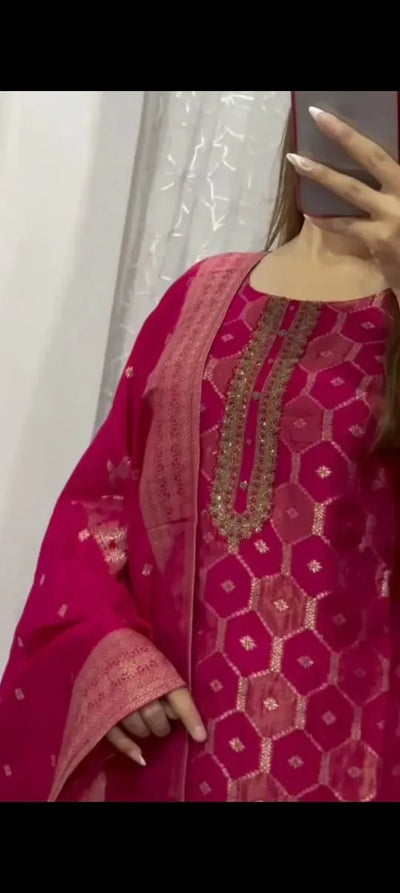 New Arrival Banarasi Suit Set - Handwork Neck & Zari Weaving for Festive Wear | Sizes M-XXL