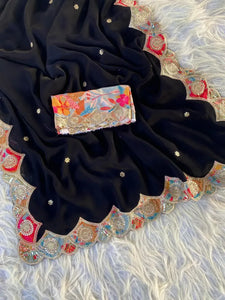 New Arrival Black Satin Georgette Saree with Appliqué Cutwork Border for Festive & Party Wear