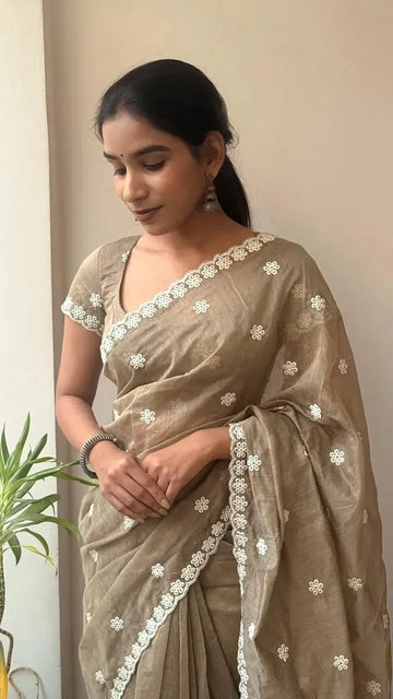 New Arrival Chanderi Cotton Saree - Thread Work & Scallop Border