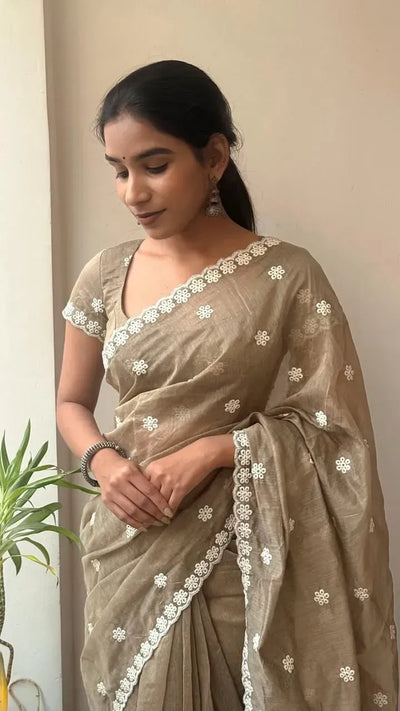 New Arrival Chanderi Cotton Saree - Thread Work & Scallop Border