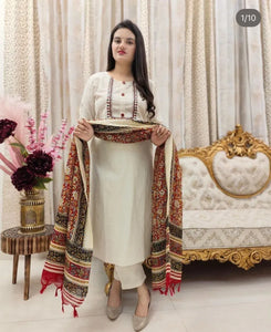 Exclusive Handcrafted Khadi Cotton Embroidered Kurti Pant Set with Bhagalpuri Dupatta
