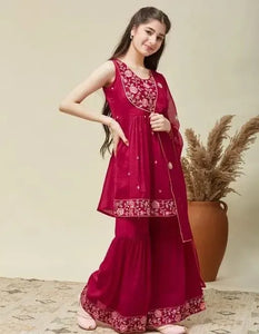 New Arrival Kids Sharara Dupatta Set - Embroidered Silk Blend for Party Wear