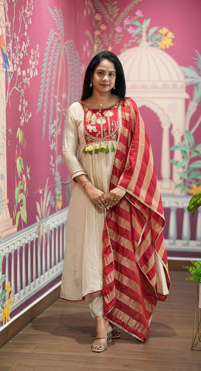 New Arrival Off-White Aline Kurti Set - Intricate Embroidery for Festive Wear