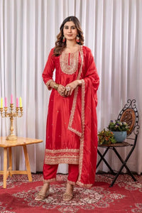 New Arrival Red Chinon Kurti Set - Heavy Embroidery for Festival Wear
