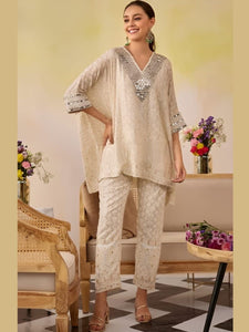Designer Lucknowi Chikankari Work Kaftan Cord Set | Premium Georgette with Mirror & Moti Detailing