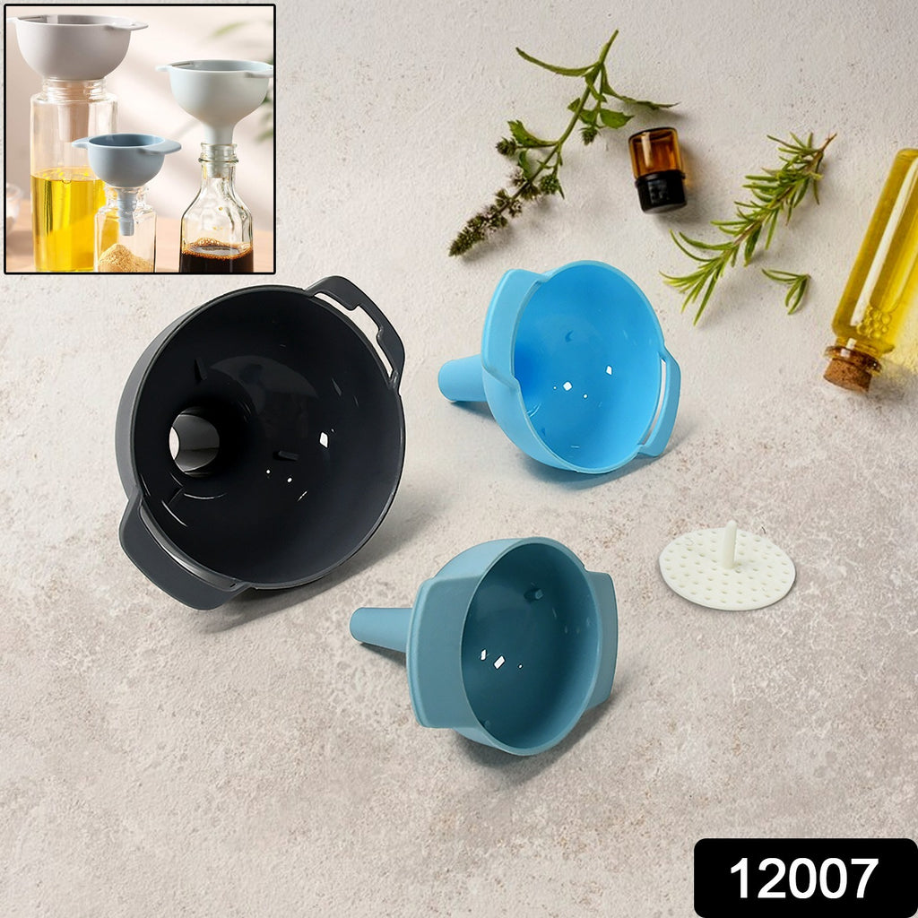 White plastic kitchen funnel set, 3 sizes, with detachable strainer for filling bottles, liquids, powders.