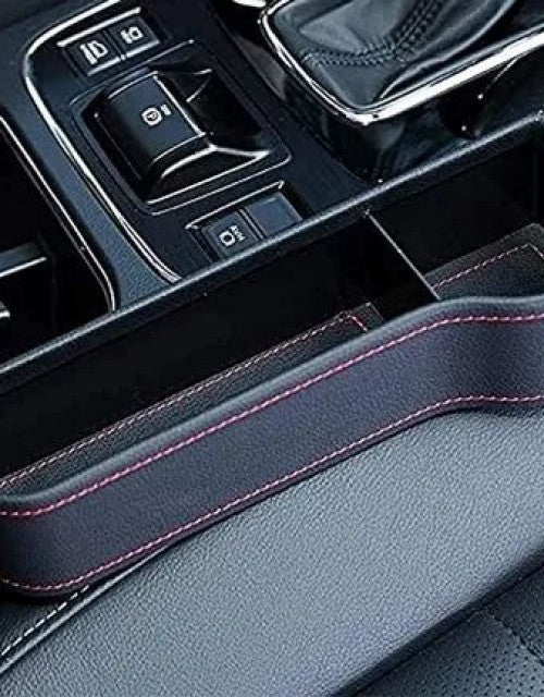 Non-plastic car seat gap organizer neatly holds phone, wallet, and essentials between seat and console.