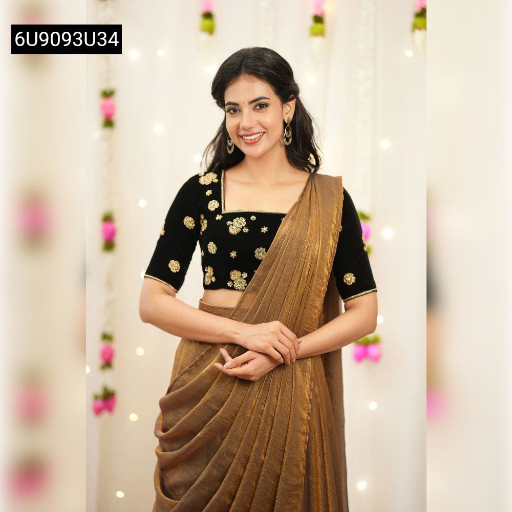 TRENDBUY Noor-e-Zari Black and Gold Shimmering Lehenga set with embroidered velvet blouse, front view