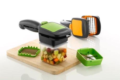 Premium 5-in-1 vegetable dicer multi chopper set perfectly chopping an onion.