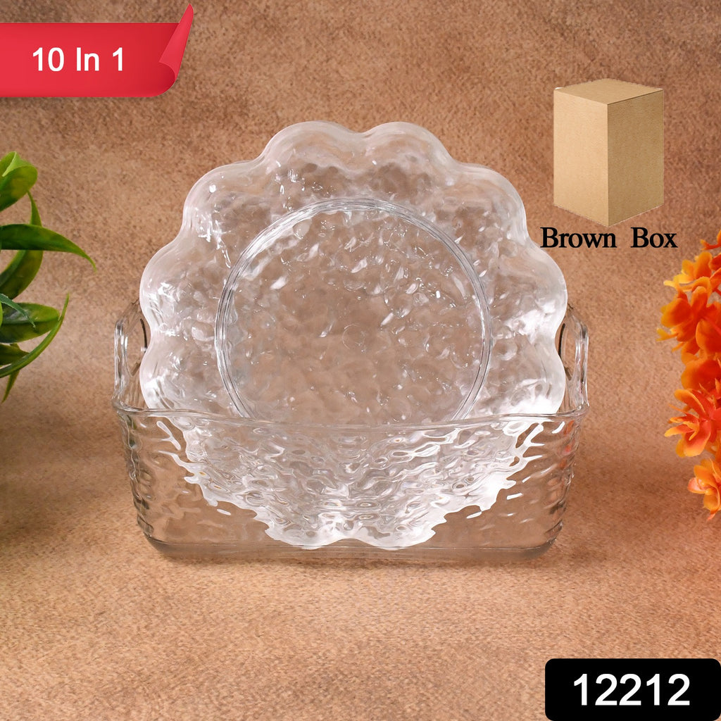 Stack of white plastic dinner plates with subtle flower design.