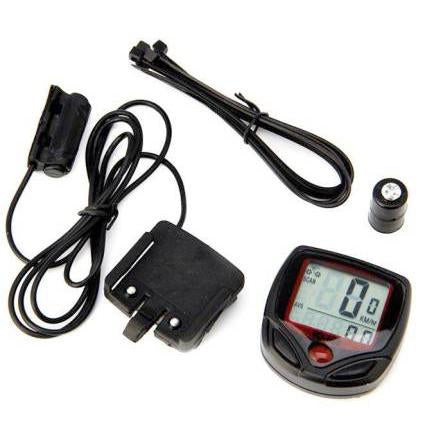 Durable 1539 Cycle Computer showing trip distance and timer, mounted on a bike.