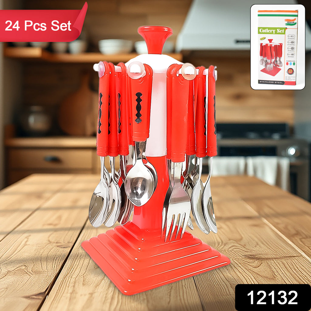 Classic stainless steel 24-piece cutlery set with stand.