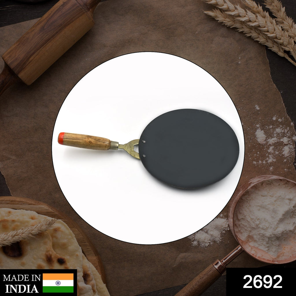Cast iron roti tawa with wooden handle, perfect for making rotis and parathas