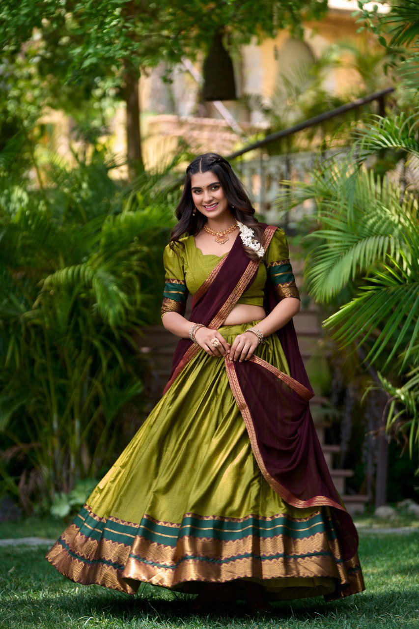 Olive Green South Style Poly Cotton Half Saree – A Timeless Blend of Tradition & Elegance