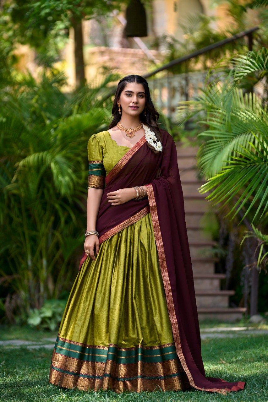 Olive Green South Style Poly Cotton Half Saree – A Timeless Blend of Tradition & Elegance