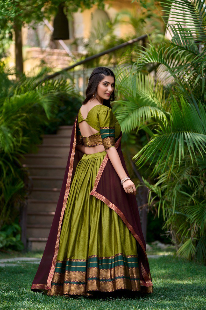 Olive Green South Style Poly Cotton Half Saree – A Timeless Blend of Tradition & Elegance