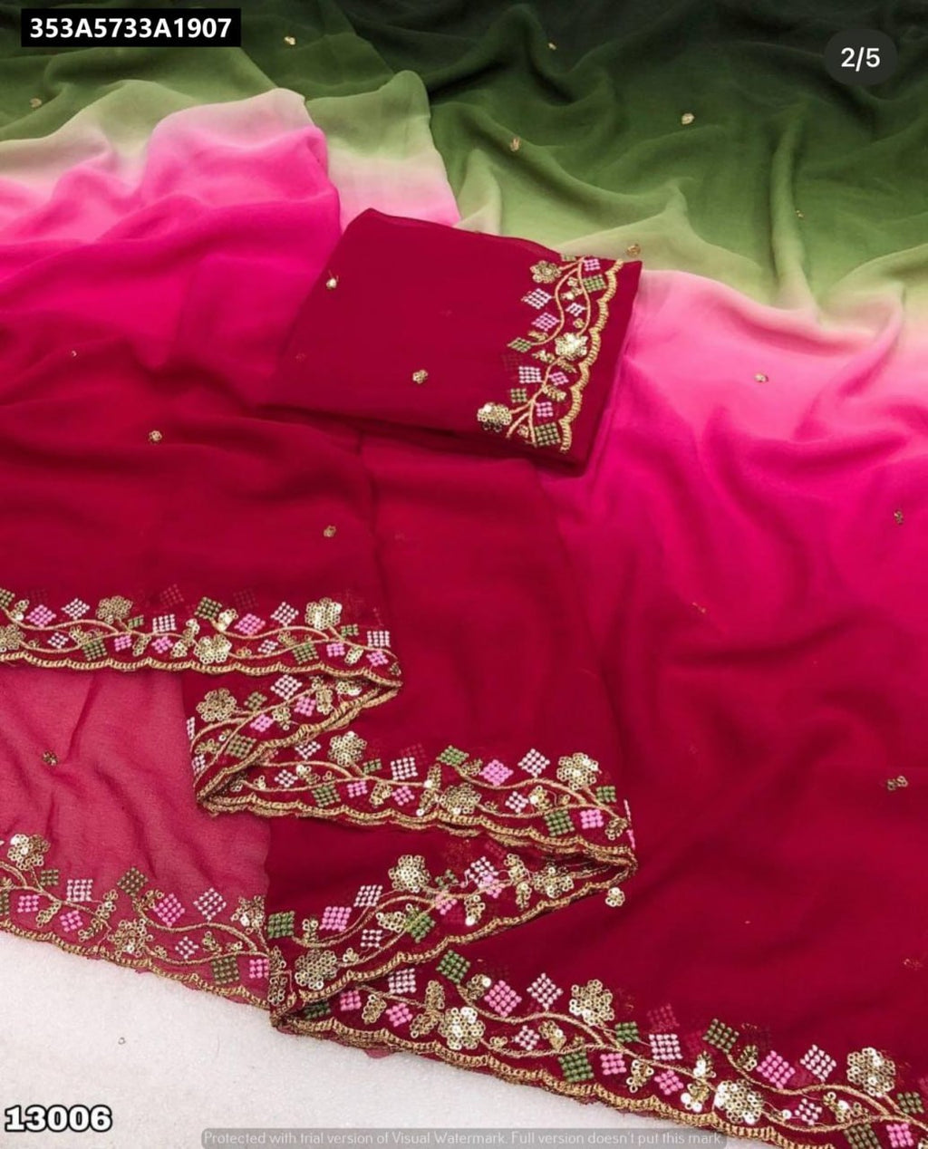 TRENDBUY Ombre Georgette Saree with Cutwork Border and Blouse Piece - Flat Lay Front View