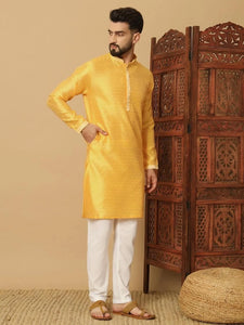 Premium Yellow Jacquard Kurta Pyjama Set for Men - Elegant Wedding and Festive Ethnic Wear