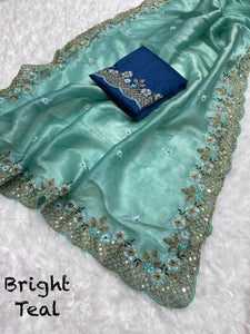 Exclusive Bright Teal Gold Crush Silk Saree with Heavy Embroidery for Weddings
