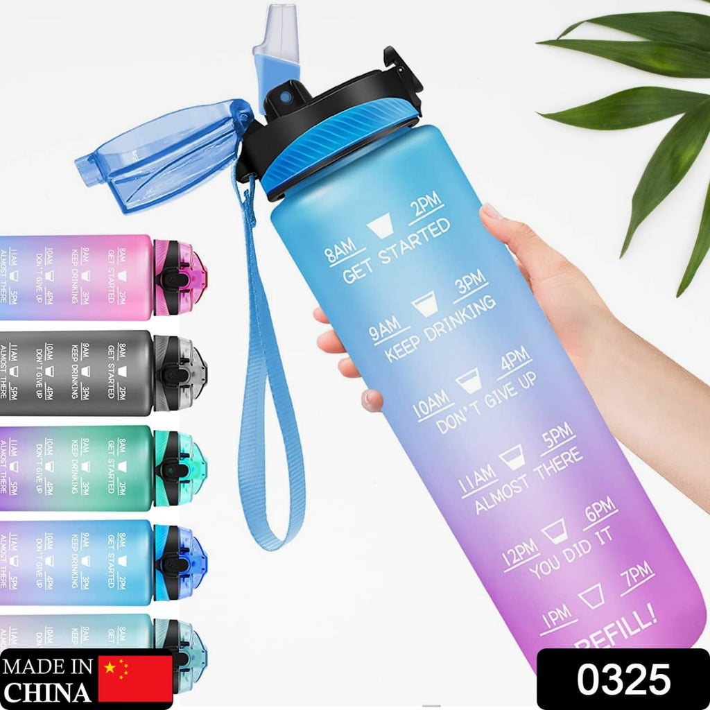 Clear motivational water bottle with straw, time markers, and fruit for gym, hiking, or camping.