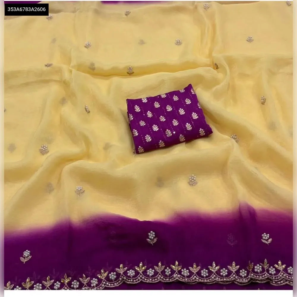 TRENDBUY Yellow and Purple Ombre Organza Saree with heavy sequence embroidery and matching Dola Silk Blouse