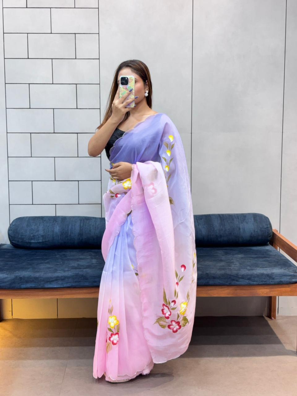 Woman in Lavender Pink Ombre Handpainted Organza Saree