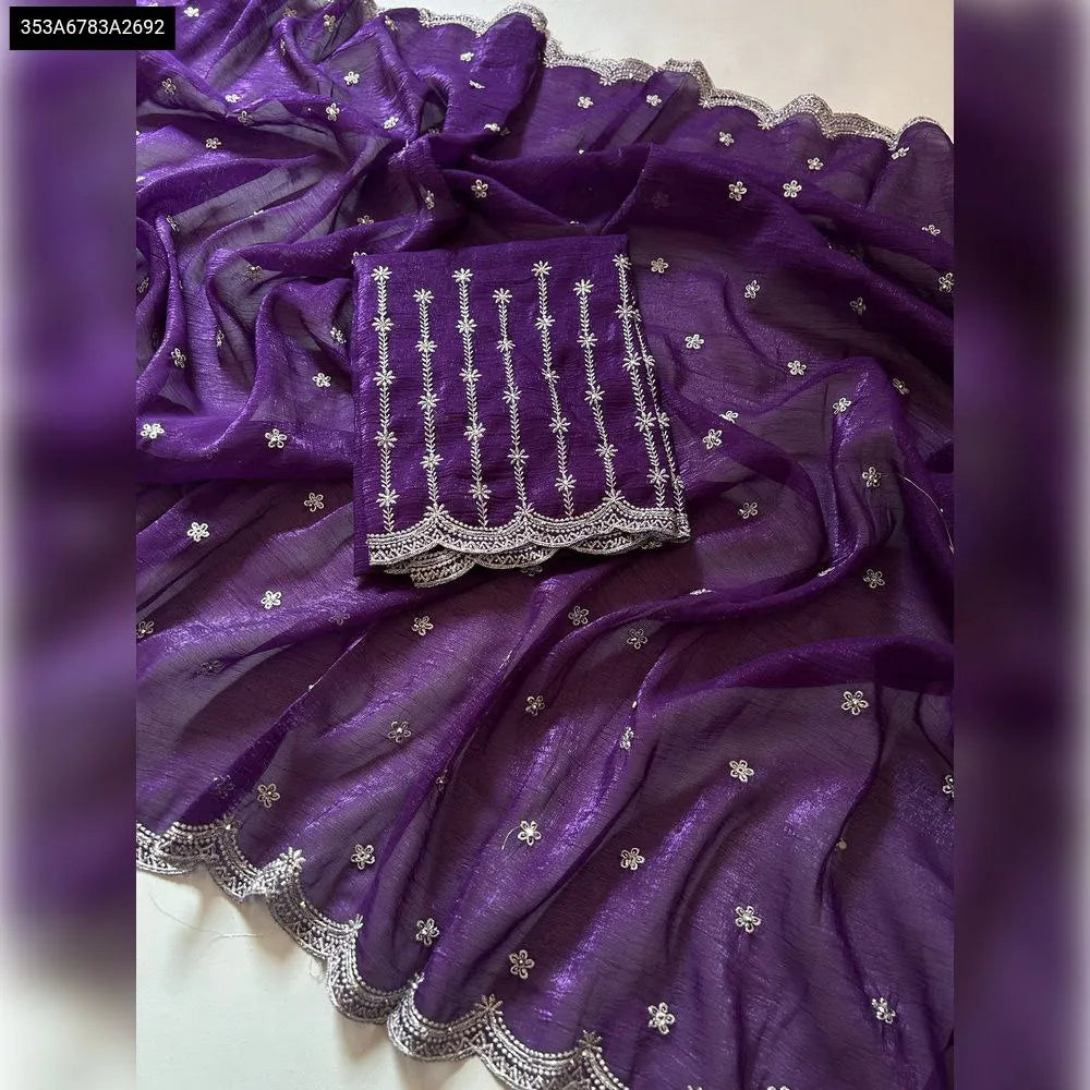 TRENDBUY Organza Multi Sequence Embroidered Saree in Purple with Dola Silk Blouse - Flat Lay View