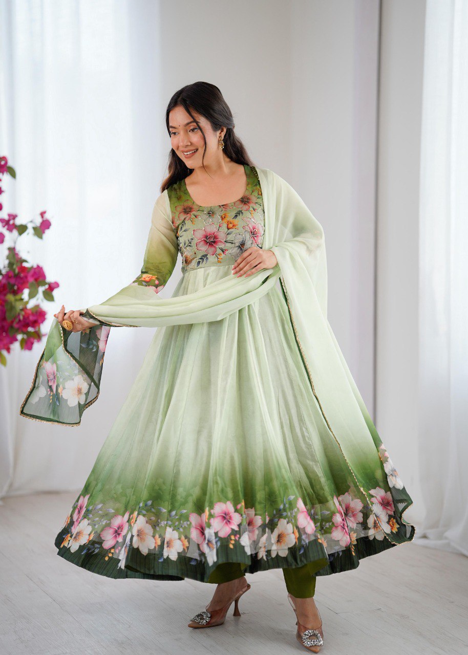 TRENDBUY Green Floral Gradient Organza Taby Silk Gown with Dupatta, model smiling