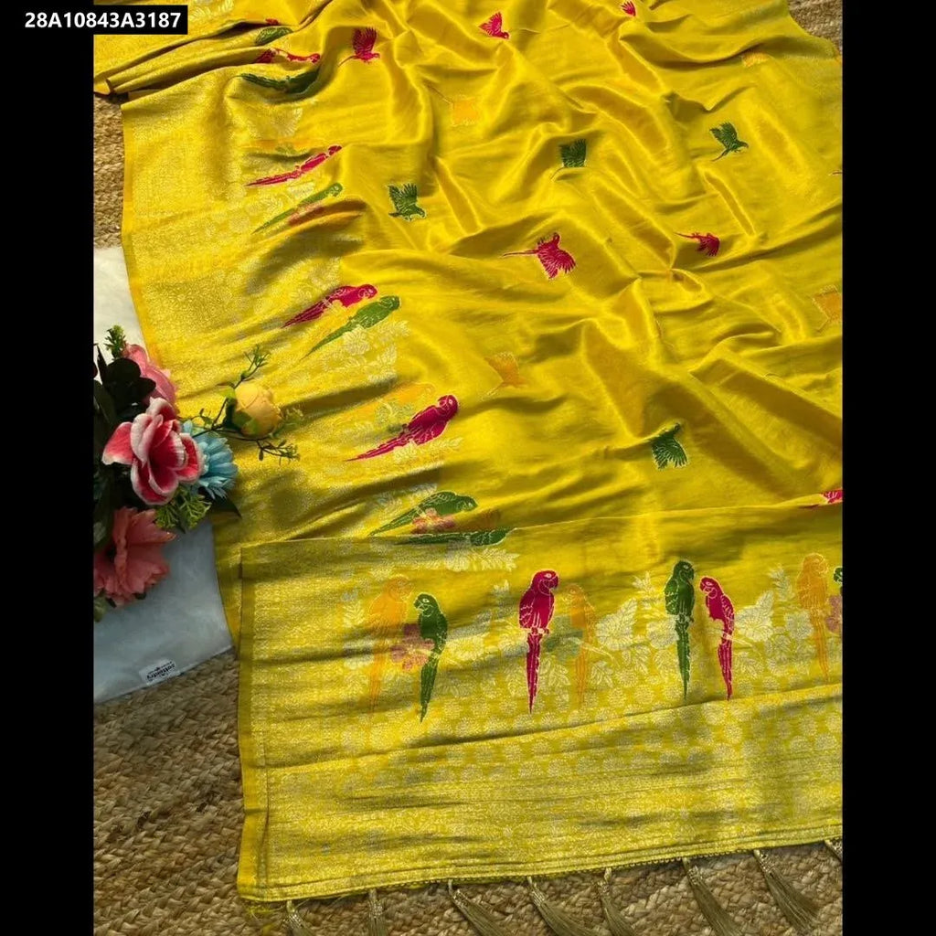 TRENDBUY Yellow Organza Tissue Silk Saree with Meenakari Paithani weaving and parrot motifs, flat lay