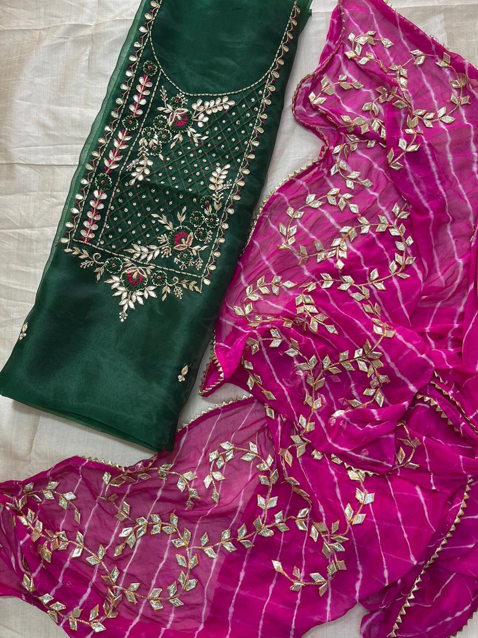 Emerald Green Organza Zardogi Handwork Kurta Set with Pink Lahriya Dupatta