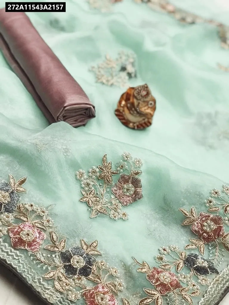 TRENDBUY Aqua Green Pure Orgenza Silk Saree with sequence, embroidery and pearl work, flat lay view