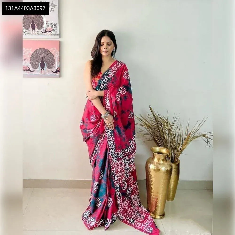 Model wearing a Magenta Bloom Print Original Linen Saree by TRENDBUY, featuring intricate digital prints and silver jari patta.