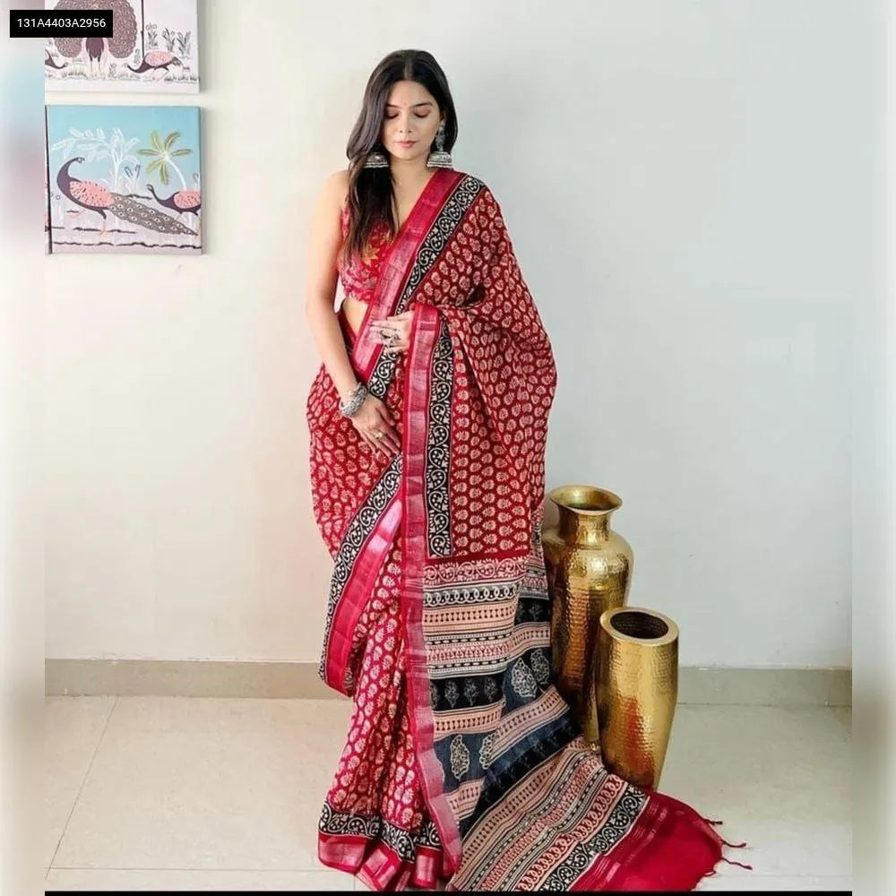Crimson Red Original Linen Digital Print Saree with Silver Jari Patta