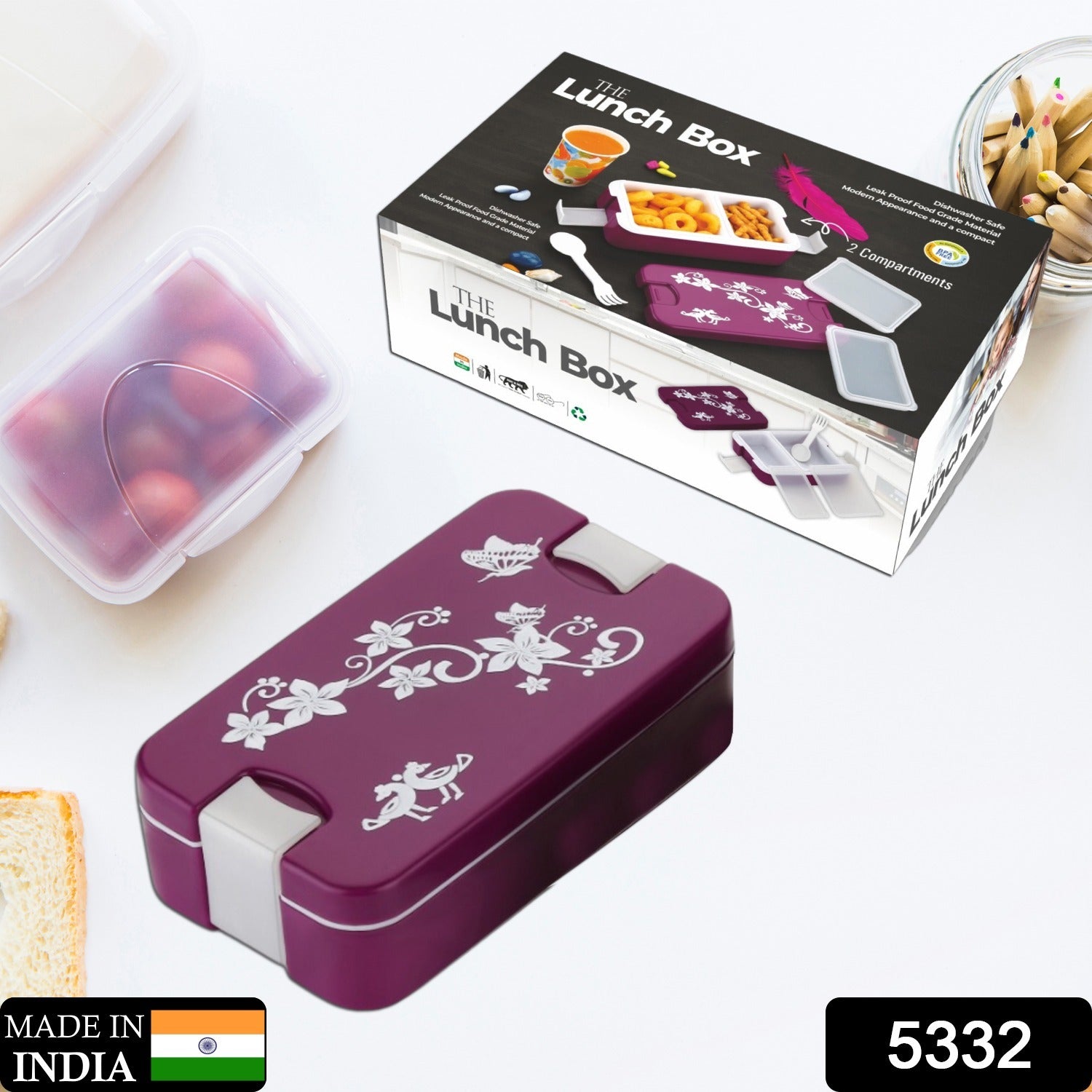 5332 Airtight Lunch Box 2 Compartment Lunch Box Leak Proof Food Grade Material Lunch Box Modern Appearance Compact Lunch Box With Spoon