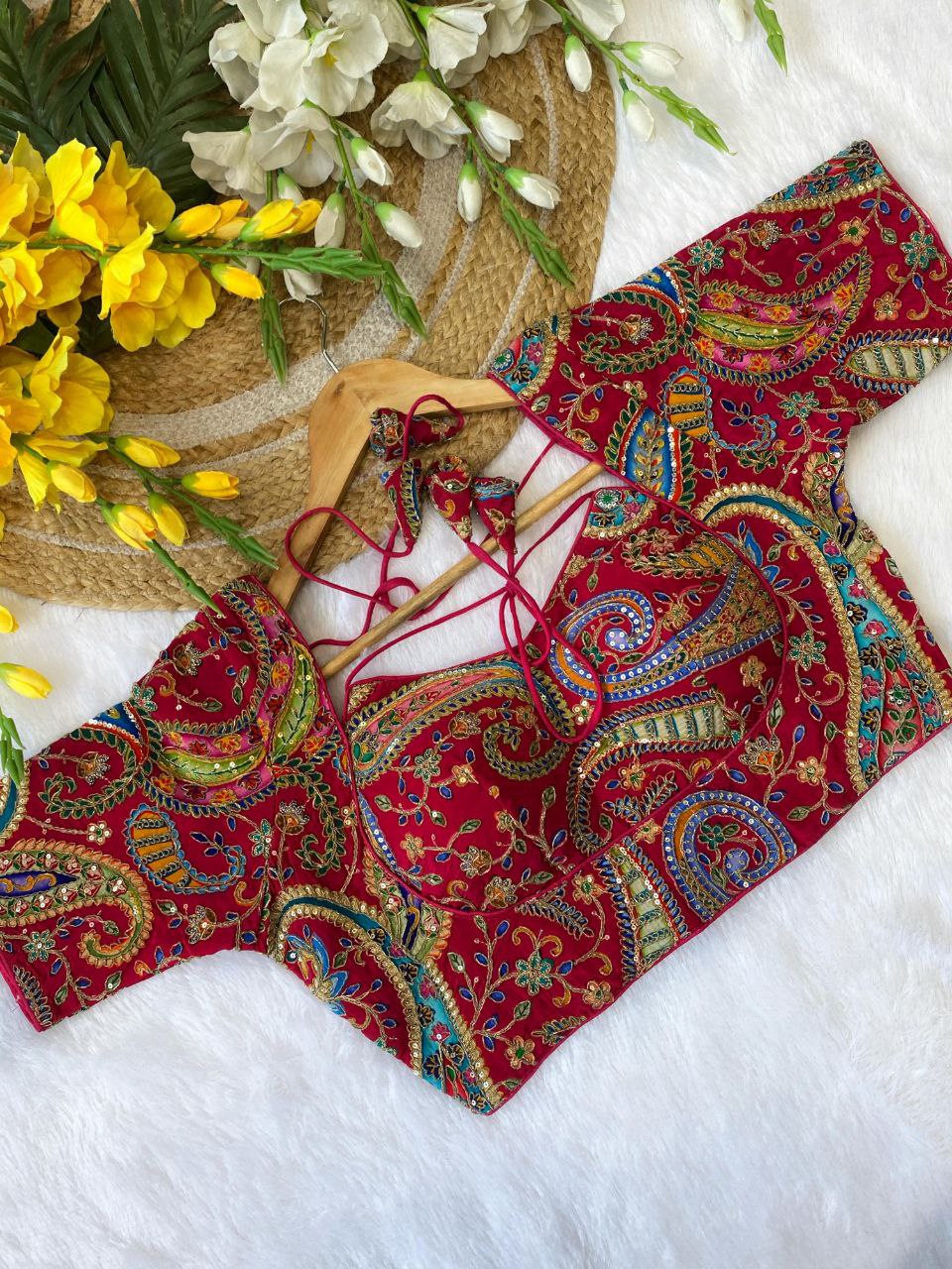 TRENDBUY Red Paisley Embroidered Blouse for Women, Party Wear