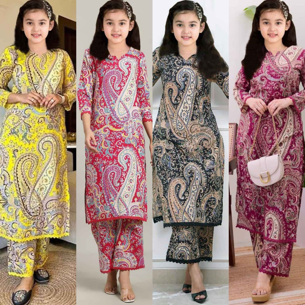 Four girls wearing Paisley Print Kurti Sets in Yellow, Red, Black, and Magenta.