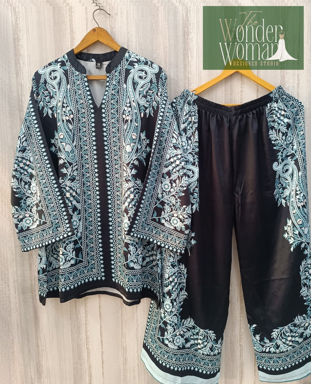 TRENDBUY Women's Teal Paisley Print Satin Co-ord Set on hanger