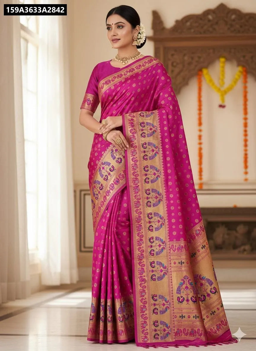 Model wearing TRENDBUY Pink Paithani Silk Saree with gold zari meenakari motifs and traditional jewelry, front view