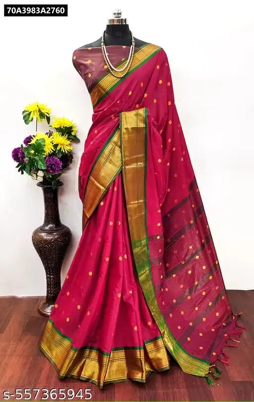 Rani Pink Paithani Aura Silk Saree for Women by TRENDBUY with Green Gold Border