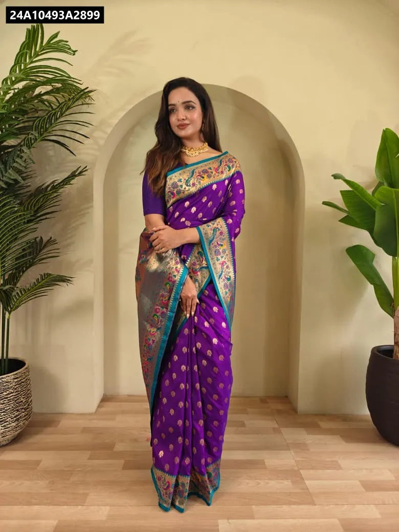 Model standing front-facing, wearing TRENDBUY's regal Purple Paithani Silk Saree with traditional weaving patterns and meenakari butti, a statement piece.