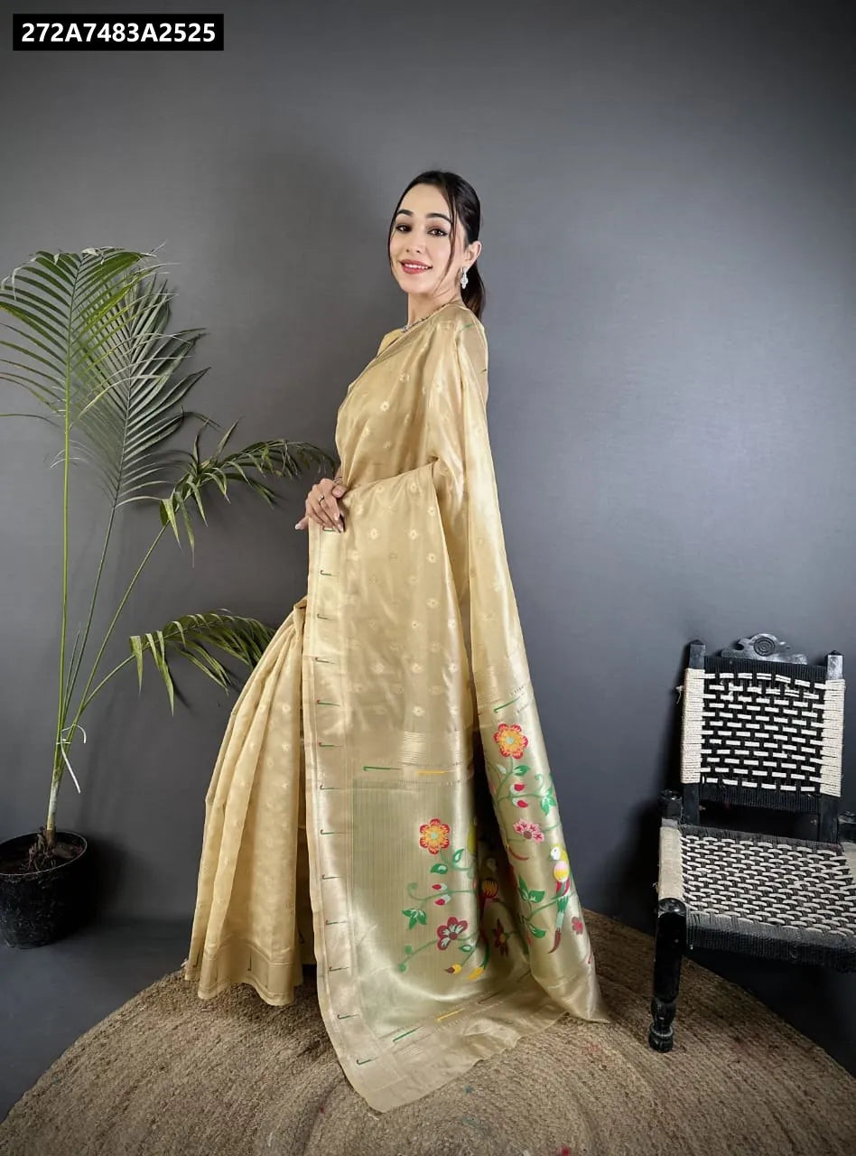 TRENDBUY Paithani Tissue Saree in Gold Beige with mina butti and jari work, model front facing.